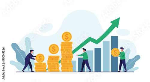 Financial investment and wealth accumulation concept with people stacking gold coins and an upward green arrow on a business bar chart.