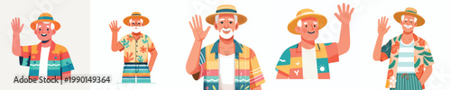 half body vector of a grandpa standing waving hand in summer clothes