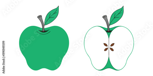 Fresh red and green apple fruit with a ripe tomato vector illustration featuring organic leaves and healthy nature design icons for delicious diet and juice concepts.