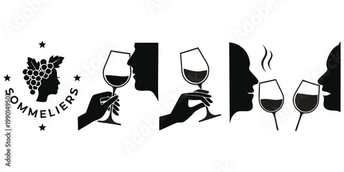 Sommelier Wine Icons Set – Wine Tasting, Glass, Degustation Vector Silhouettes.