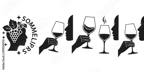 Sommelier Wine Icons Set – Wine Tasting, Glass, Degustation Vector Silhouettes.