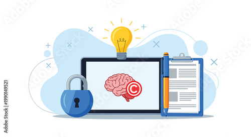Intellectual property and brain copyright protection concept with a laptop, lightbulb, brain icon, and secure lock for creative ideas.