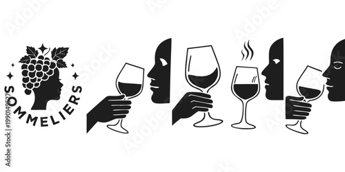 Sommelier Wine Tasting Icons Set – Wine Glass, Degustation, Bartender Silhouette Vector Collection.