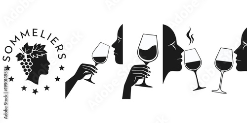 Sommelier Wine Tasting Icons Set – Wine Glass, Degustation, Bartender Silhouette Vector Collection.