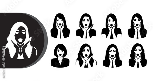 A set of shocked women icons in black and white expressing surprise and amazement