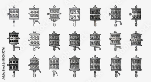 Tibetan Prayer Wheels Collection - Buddhist Meditation and Spirituality Symbols