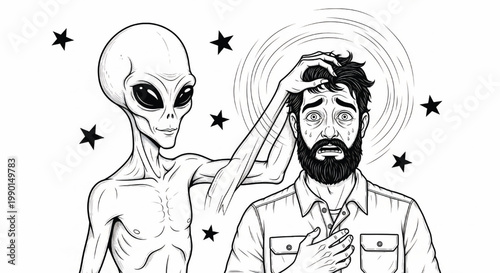 Man and woman anime style line art with stars and glowing halo rings, cosmic magic whisper concept featuring wonder, fantasy, surreal with