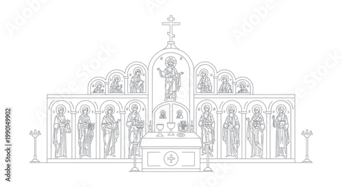 Orthodox Iconostasis Line Drawing: Saints, Icons, Altar, Worship, Religious Art