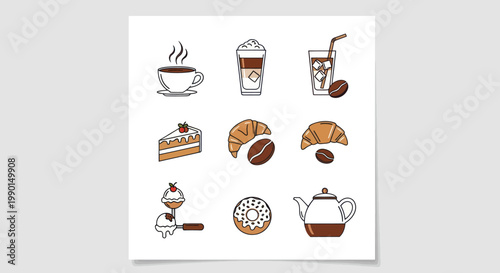Coffee Break Icons: Hot Coffee, Iced Coffee, Cake, Croissant, Donut, Teapot
