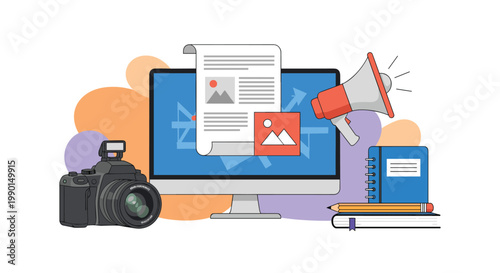 Creative blogging and digital content marketing concept featuring a camera, megaphone, laptop, and notebook for media production.