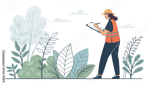 A woman in an orange safety vest and hard hat inspects plants in a field