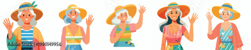 half body vector of a grandma standing waving hand in summer clothes