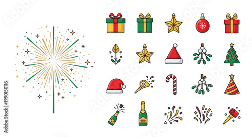Christmas & New Year Icons Set: Festive Decorations, Gifts, Fireworks, Champagne