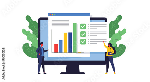 Professional business team analyzing financial data charts and completing a project checklist on a large computer monitor screen.