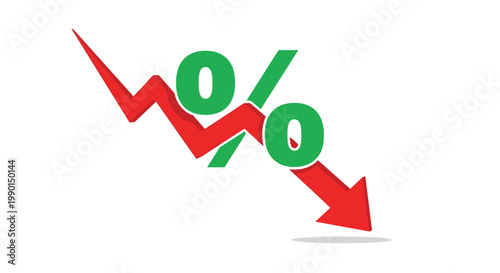 Financial market decline illustration with a red arrow pointing downwards over a large green percentage sign indicating economic recession.