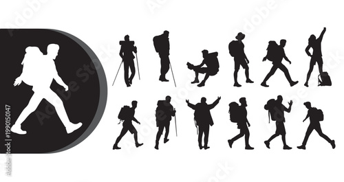 A collection of silhouetted hikers in various poses on a white background