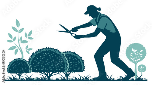A vector graphic illustration of a gardener pruning bushes with large scissors