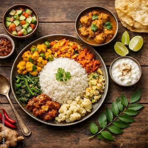 Traditional Indian vegetarian thali served with rice and various curries on a wooden table