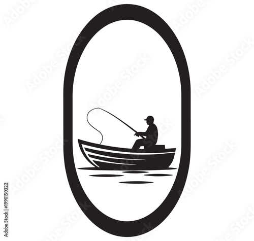 man sitting in a boat fishing with a rod in water  silhouette