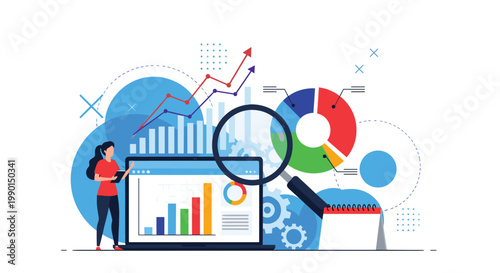 Business data analytics and auditing concept with a woman reviewing charts through a magnifying glass near a laptop and calendar.