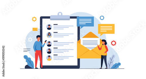 Human resources and recruitment process illustration showing people standing near a clipboard with job candidate profiles and mail.