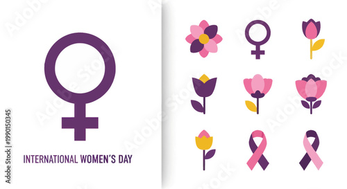 International Women's Day Symbols: Female Icon, Flowers, Ribbons - Vector Art