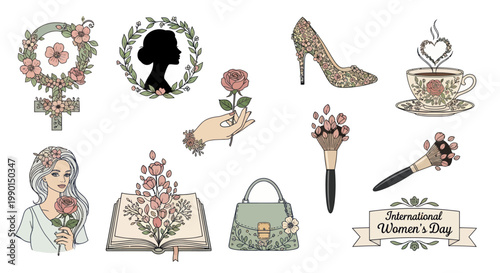 International Women's Day Celebration Elements: Flowers, Silhouette, Handbag, Shoe, Book, Cup