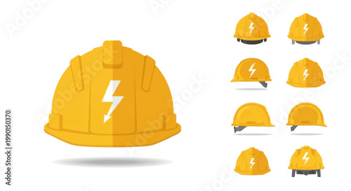 Yellow Hard Hat Safety Icons Set, Construction Worker Protection Gear Collection