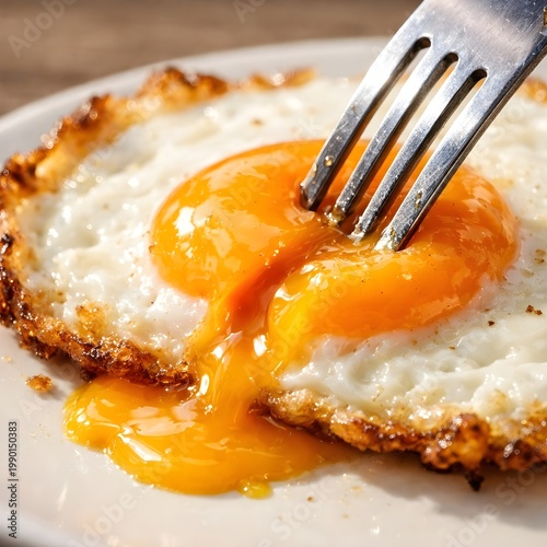 Close up of a crispy fried egg with a runny yolk being broken by a fork