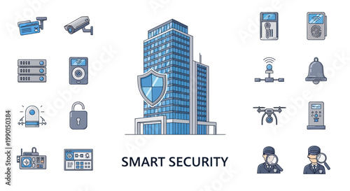 Smart Security System Icons: Building, CCTV, Drone, Lock, Guard, Network, Alarm