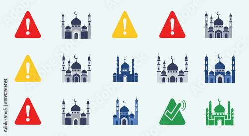 Islamic Mosques and Warning Signs - Caution, Alert, Safety, Religion Icons