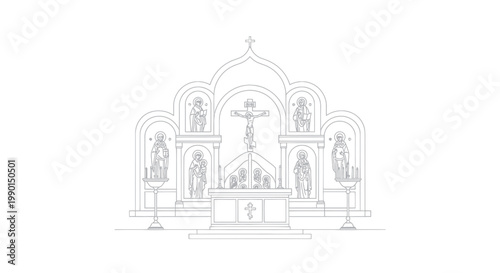Orthodox Iconostasis Outline: Altar, Cross, Saints, Religious Architecture