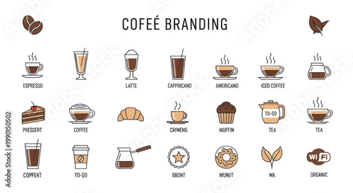 Coffee Branding Icons Set: Hot Drinks, Pastries, and Cafe Elements