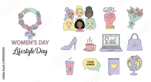 International Women's Day Lifestyle Collection: Diverse Group, Symbols, Objects