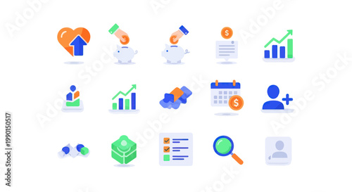 Finance and Business Icons: Growth, Savings, Calendar, Analytics, People