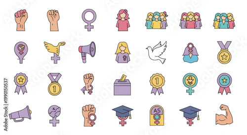 Feminism Icons: Women's Rights, Equality, Empowerment, Protest, Voting, Success Symbols