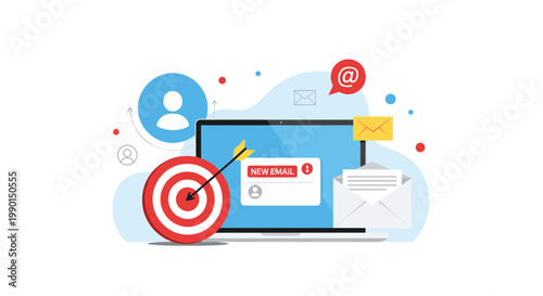 Direct email outreach and sales lead generation concept showing a laptop screen with a new message alert and a bullseye target.