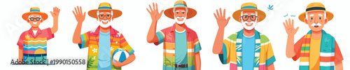 half body vector of a grandpa standing waving hand in summer clothes