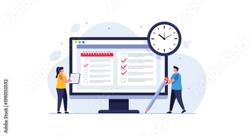 Collaborative team task management concept showing two people checking off items on a large monitor with a giant clock for deadlines.
