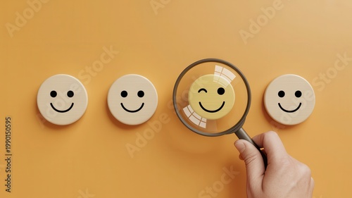 A hand holds a magnifying glass over a smiling face among other faces on a wall.