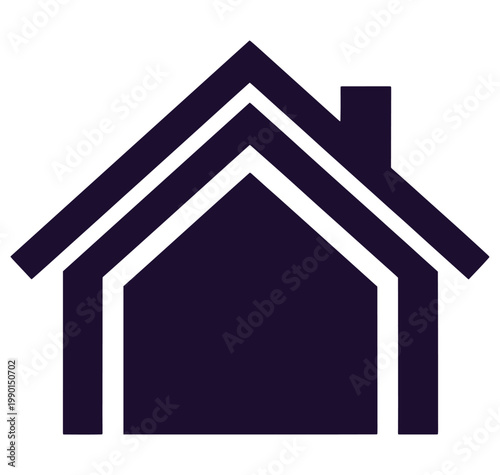 Simple dark blue house icon with white outline and chimney on transparent background