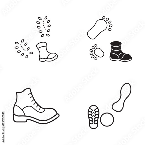 Collection of various footwear icons including boots and footprints and sole and ball  used for design and educational purposes