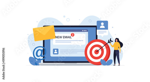 Targeted direct mail marketing and sales outreach concept with a woman standing near a laptop showing a new email notification.