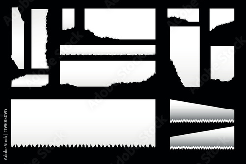 Torn Paper Strips and Ripped Edge Collection Isolated on Black Background for Design Elements
