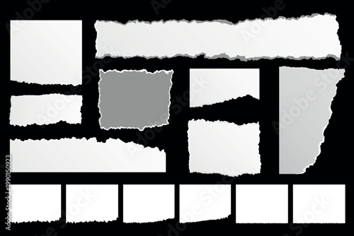 Torn Paper Pieces and Ripped Edge Frames Collection Isolated on Black Background