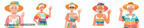 half body vector of a grandma standing waving hand in summer clothes