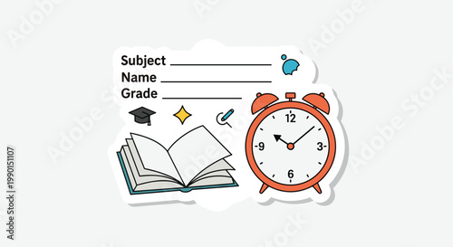 Student education tools sticker design featuring an alarm clock and open book near fields for subject name and grade information.