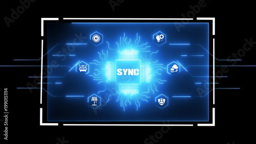фотографія Bright blue digital interface displaying a central glowing processor chip with t
