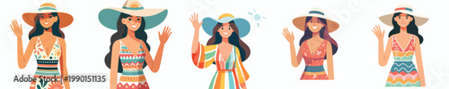 half body vector of a woman standing waving hand in summer clothes