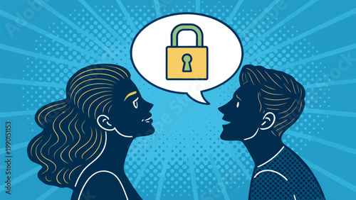 A vector graphic illustration of a man and woman discussing security